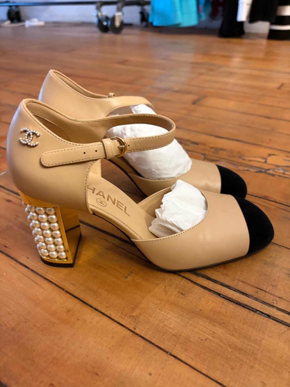 CHANEL Beige and Black Pearl-Embellished Mary Jane Heels - Picture 2 of 2